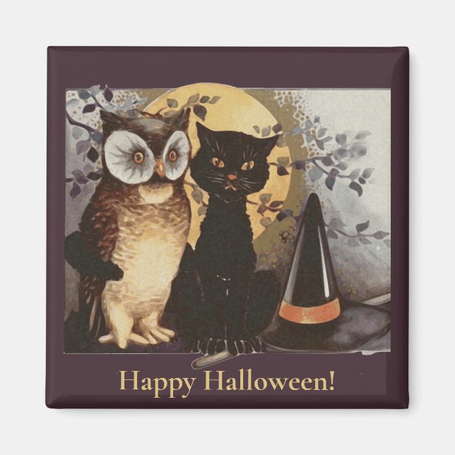 Vintages Halloween Black Cat & Owl Hexenhut Moon Magnet (Vorne)