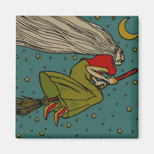 Vintages Halloween, böse Hexe, die auf Broomstick Magnet