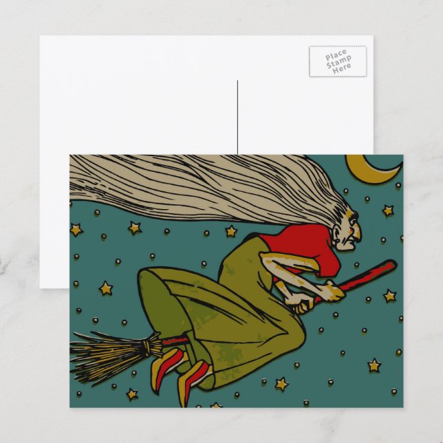 Vintages Halloween, böse Hexe, die auf Broomstick  Postkarte (Vorne/Hinten)
