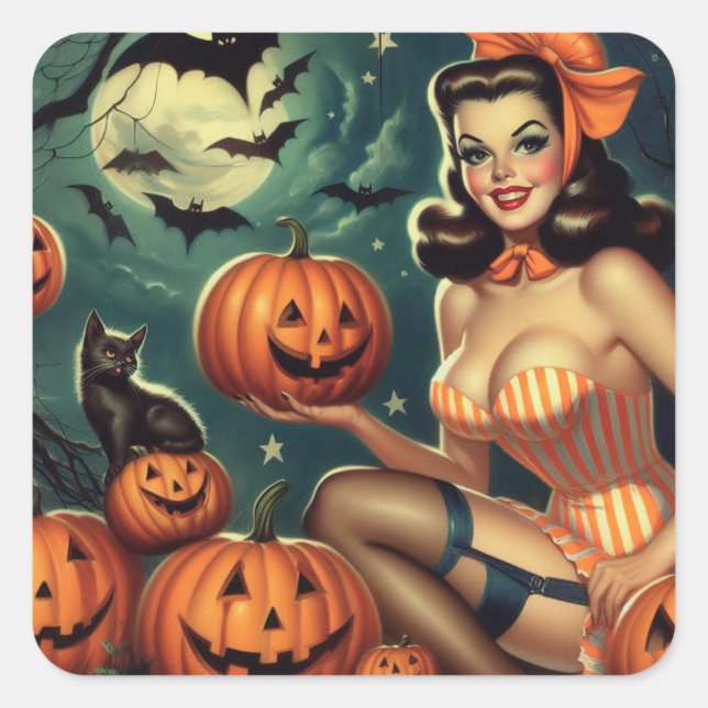 Vintages Halloween-Button Quadratischer Aufkleber (Vorderseite)