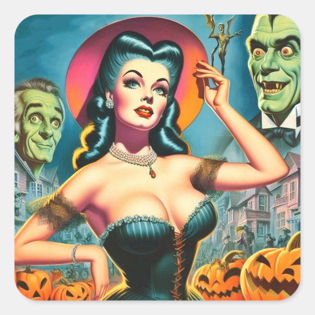 Vintages Halloween-Button Quadratischer Aufkleber (Vorderseite)