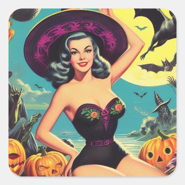 Vintages Halloween-Button Quadratischer Aufkleber (Vorderseite)
