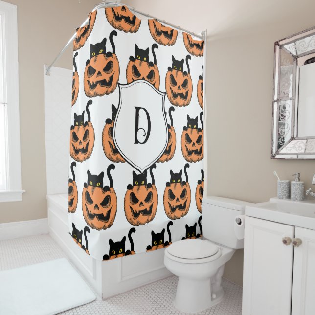 Vintages Halloween Cat Spooky Muster Personalisier Duschvorhang (Beispiel)