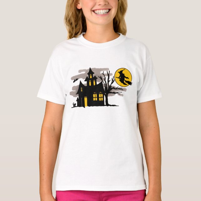 Vintages Halloween-Fliegen über Spuk Haus T-Shirt (Vorderseite)