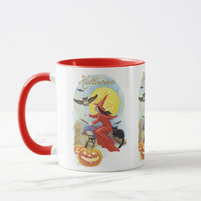 Vintages Halloween, Fliegerhexe mit schwarzer Katz Tasse (Links)