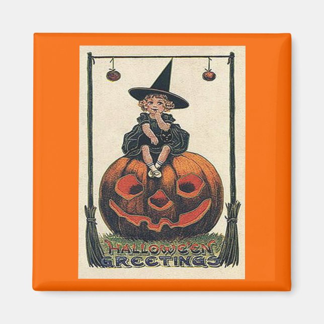 Vintages Halloween Girl auf Jack o'Lantern Magnet (Vorne)