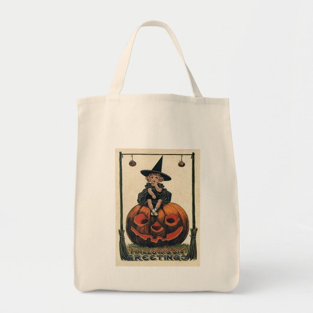 Vintages Halloween Girl auf Jack o'Lantern Tragetasche (Vorne)