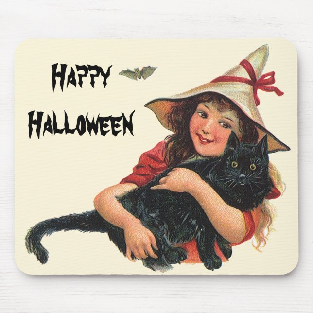 Vintages Halloween, Girl Hexe mit schwarzer Katze Mousepad (Vorne)