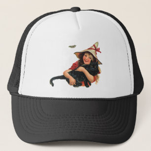 Vintages Halloween, Girl Hexe mit schwarzer Katze Truckerkappe