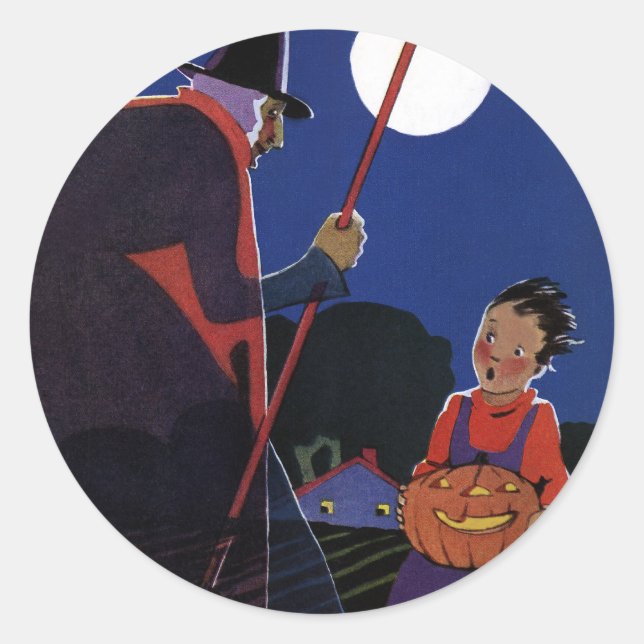 Vintages Halloween, gruselige Hexe mit Junge Runder Aufkleber (Vorderseite)