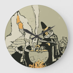 Vintages Halloween, Hexe mit Cauldron und Katzen Große Wanduhr