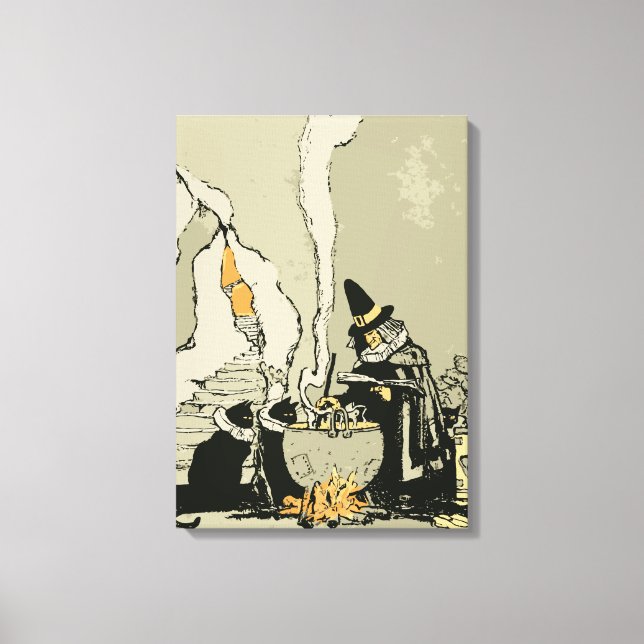 Vintages Halloween, Hexe mit Cauldron und Katzen Leinwanddruck (Vorderseite)