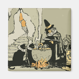 Vintages Halloween, Hexe mit Cauldron und Katzen Magnet