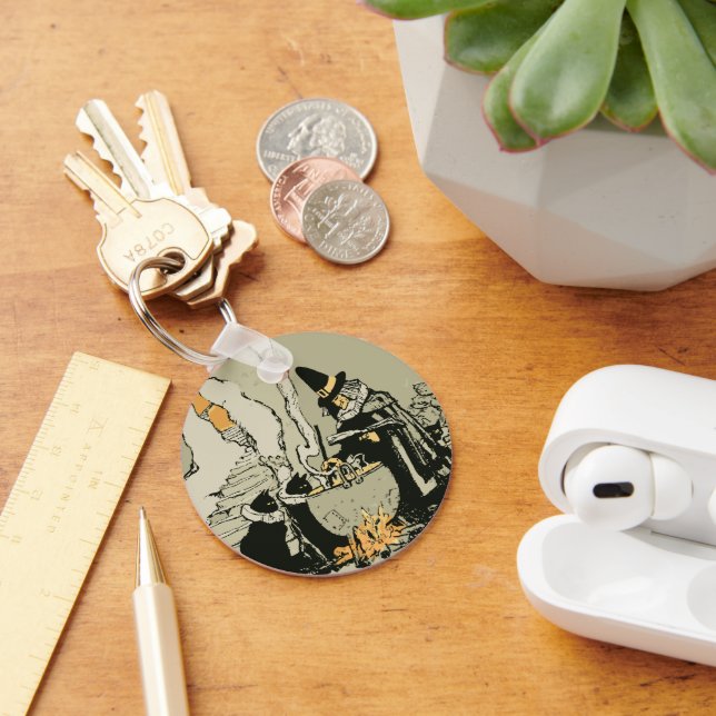 Vintages Halloween, Hexe mit Cauldron und Katzen Schlüsselanhänger (Schreibtisch)