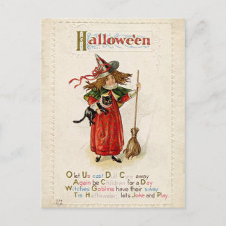Vintages Halloween-Hexenmädchen mit Katze Postkarte