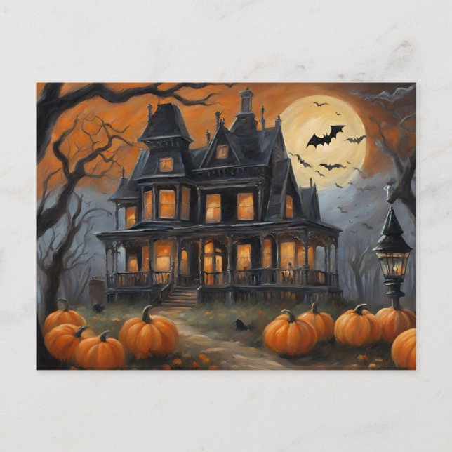 Vintages Halloween House und Vollmond Feiertagspostkarte (Vorderseite)