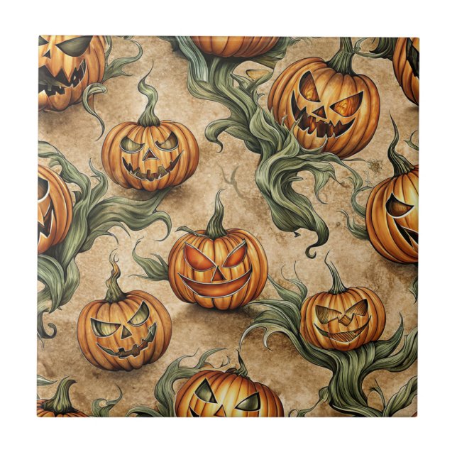 Vintages Halloween-Jack-O-Lantern-Weinmuster Fliese (Vorderseite)