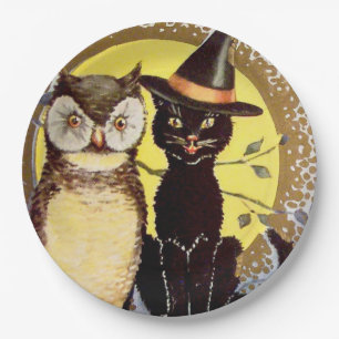 Vintages Halloween-Katzeneule-Party Pappteller