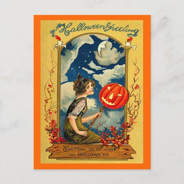 Vintages Halloween, Kürkin, Mädchen, Niedlich Postkarte (Vorderseite)