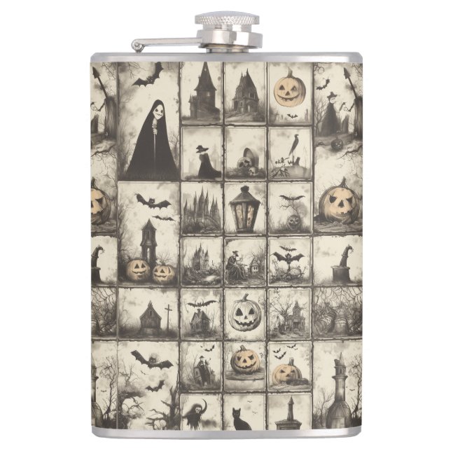 Vintages Halloween-Muster mit Sepia Flachmann (Vorderseite)
