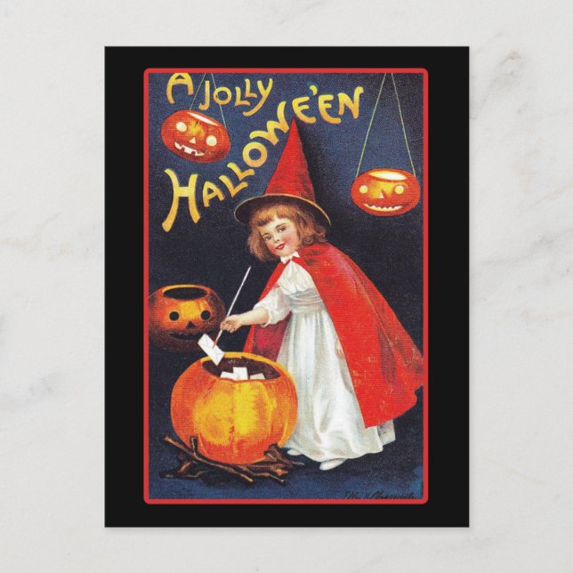 Vintages Halloween Niedlich Hexenkürbis Postkarte (Vorderseite)