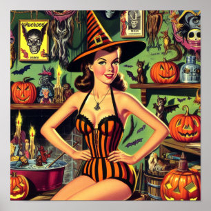 Vintages Halloween Niedlich Hexenpinup Poster