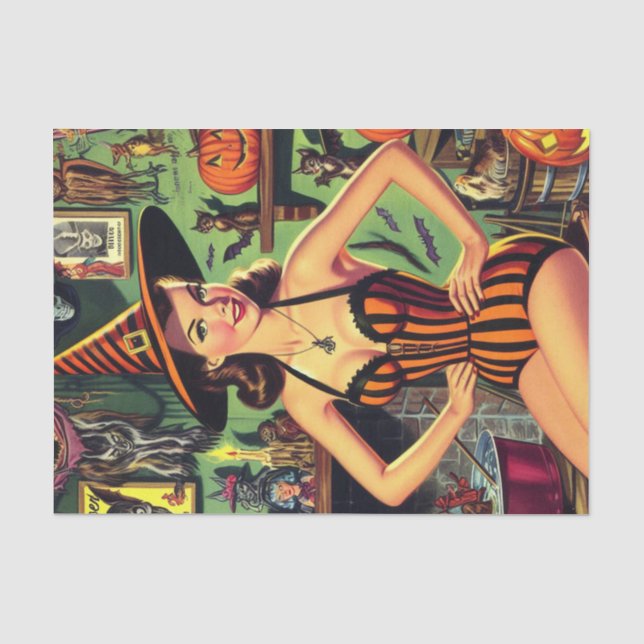 Vintages Halloween Niedlich Hexenpinup Seidenpapier (Vorderseite)