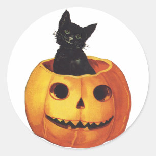 Vintages Halloween, Niedliche Schwarze Katze in ei Runder Aufkleber