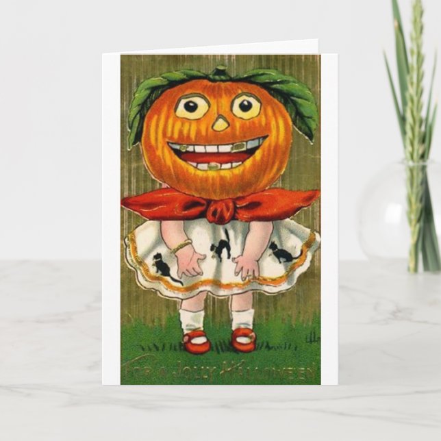 Vintages Halloween Pumpkin Head Girl Karte (Vorderseite)