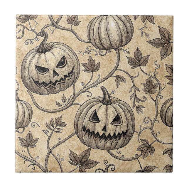 Vintages Halloween Pumpkin Vine-Muster Fliese (Vorderseite)