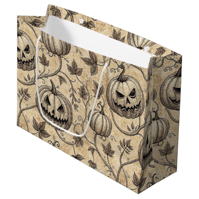 Vintages Halloween Pumpkin Vine-Muster Große Geschenktüte (Vorderseite Schrägansicht)