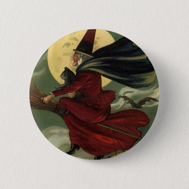 Vintages Halloween-Riding-Broomstick mit Katze Button (Vorderseite)