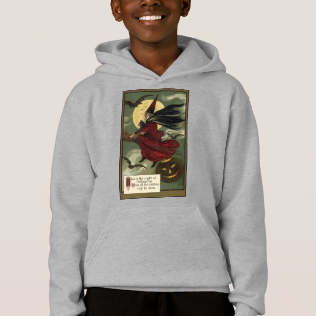 Vintages Halloween-Riding-Broomstick mit Katze Hoodie (Vorderseite)