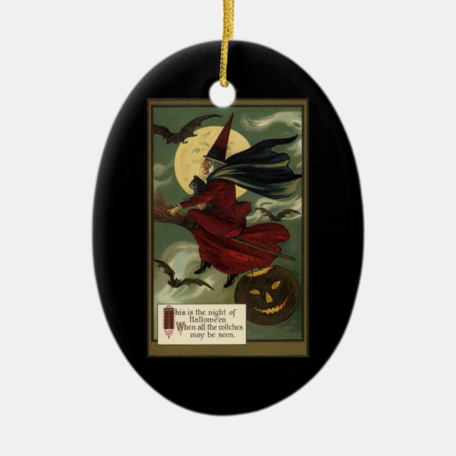 Vintages Halloween-Riding-Broomstick mit Katze Keramikornament (Vorne)