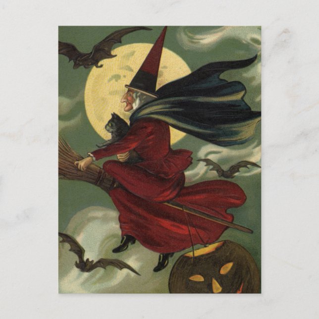 Vintages Halloween-Riding-Broomstick mit Katze Postkarte (Vorderseite)