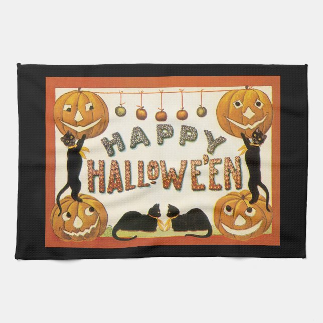 Vintages Halloween, Schwarze Katzen mit Jackolante Handtuch (Horizontal)