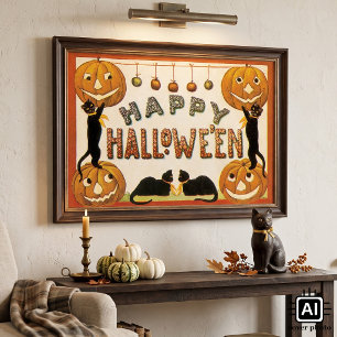 Vintages Halloween, Schwarze Katzen mit Jackolante Poster