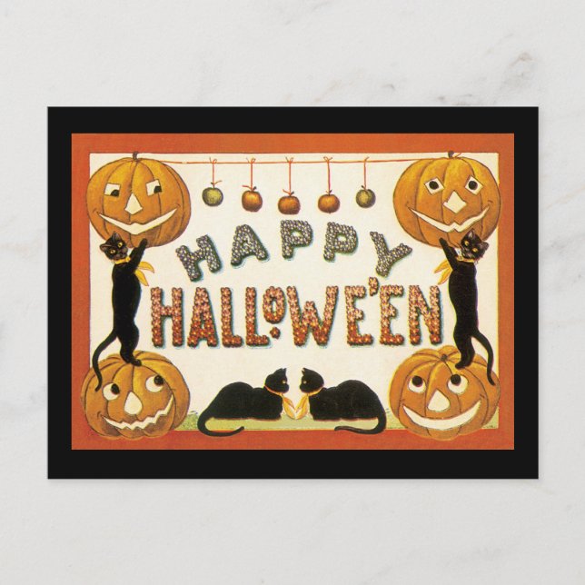 Vintages Halloween, Schwarze Katzen mit Jackolante Postkarte (Vorderseite)
