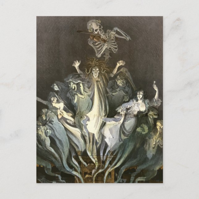 Vintages Halloween, Skeleton Violinist und Geister Postkarte (Vorderseite)