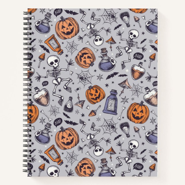Vintages Halloween-Skelett und Potions-Muster Notizbuch (Vorderseite)