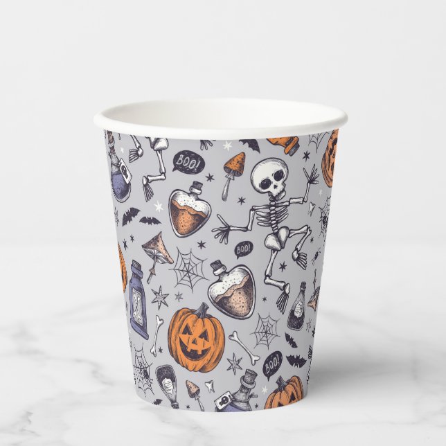 Vintages Halloween-Skelett und Potions-Muster Pappbecher (Vorderseite)