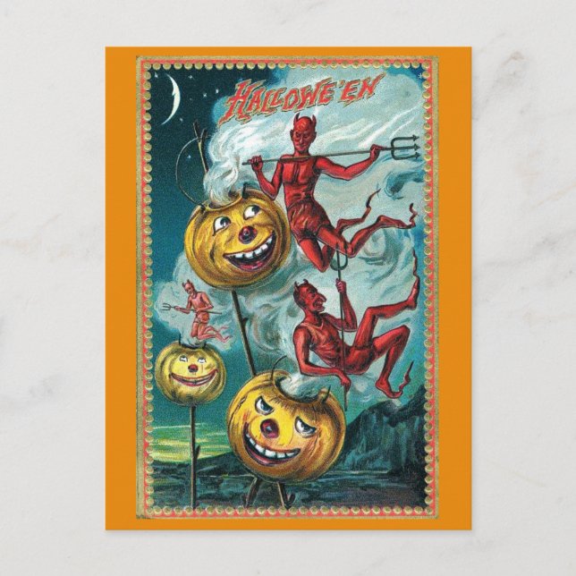 Vintages Halloween Spooky Devil Pumpkin Postkarte (Vorderseite)
