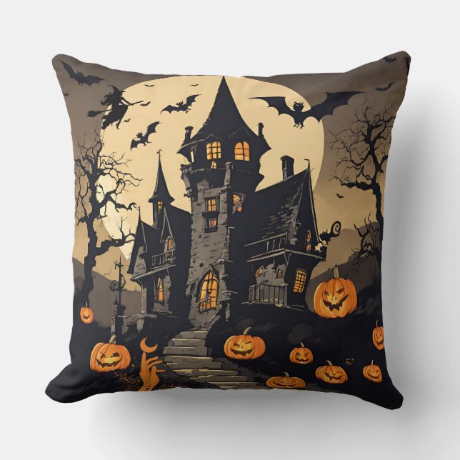 Vintages Halloween-Spuk Haus, Kürbis, Fledermäuse Kissen (Vorderseite)