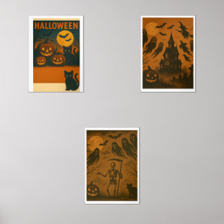 Vintages Halloween Wall Art Poster Set - Black Cat