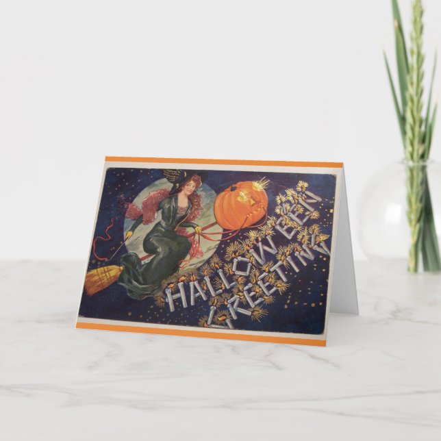 Vintages Halloween - wenn der Besen passt, fliegen Karte (Vorderseite)