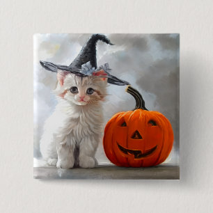 Vintages Halloween White Kitten und Jack-o'-Latern Button
