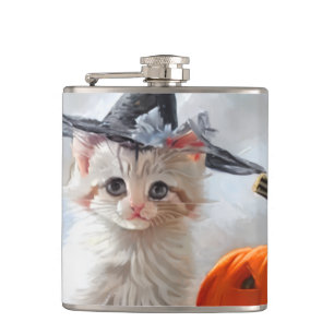 Vintages Halloween White Kitten und Jack-o'-Latern Flachmann