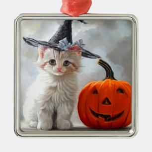 Vintages Halloween White Kitten und Jack-o'-Latern Ornament Aus Metall