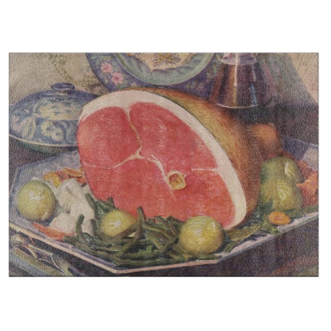 Vintages Hammabendessen mit grünen Bohnen und Kart Schneidebrett (Vorderseite)