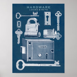 Vintages Hardware-Poster-Schlösser Cyan-Blueprint Poster